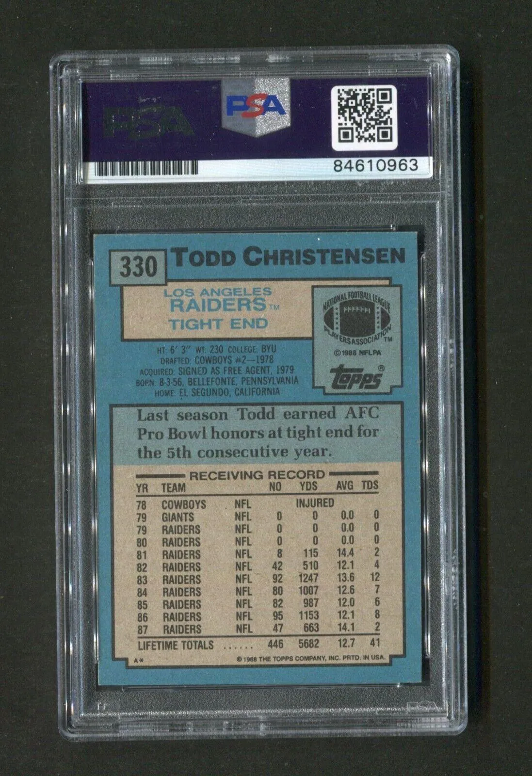 1988 Topps Todd Christensen #330 PSA/DNA Certified 10 Signed Football Card