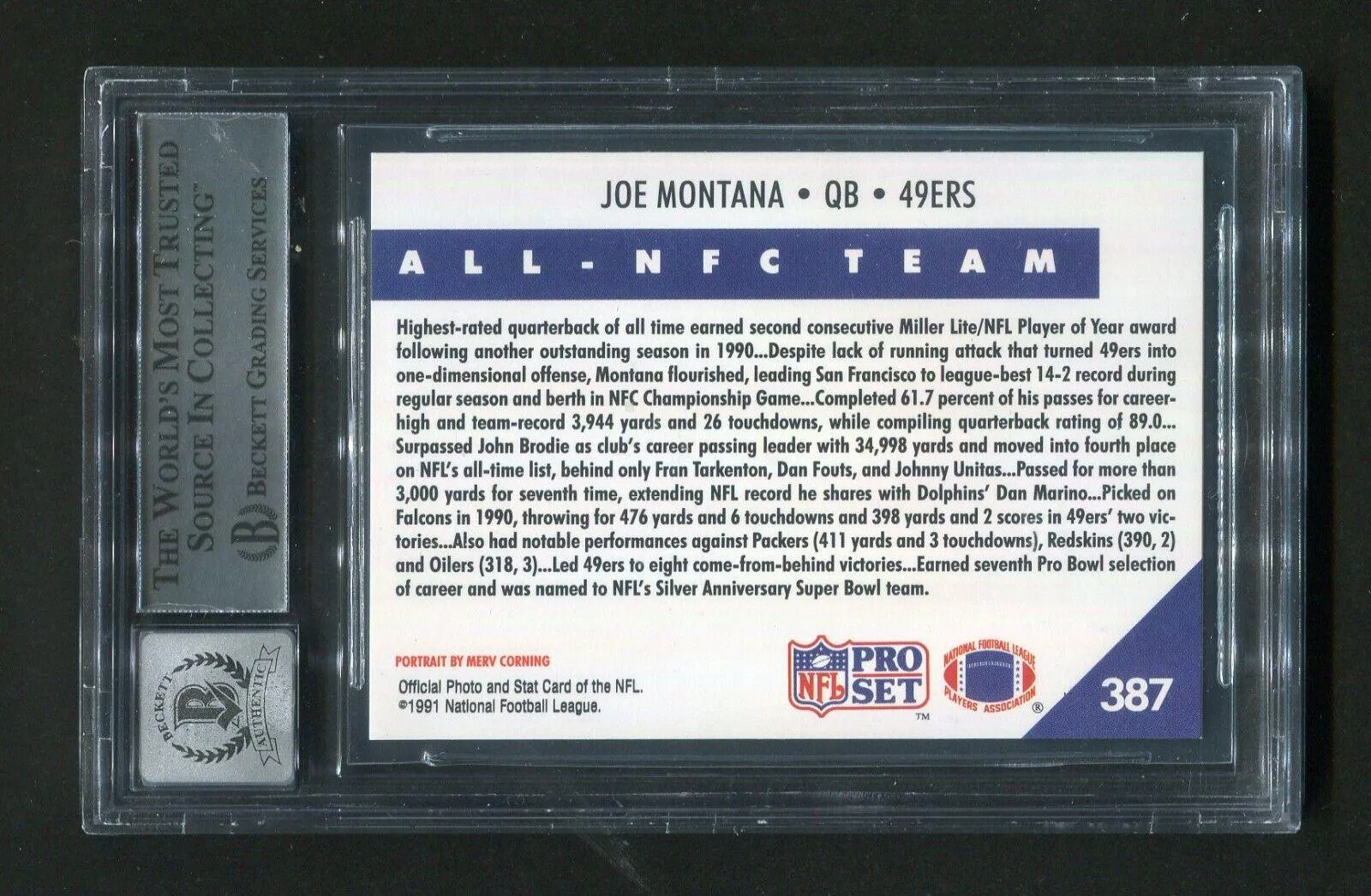 1991 Pro Set Joe Montana #387 BGS 10 Autograph Signed Football Card