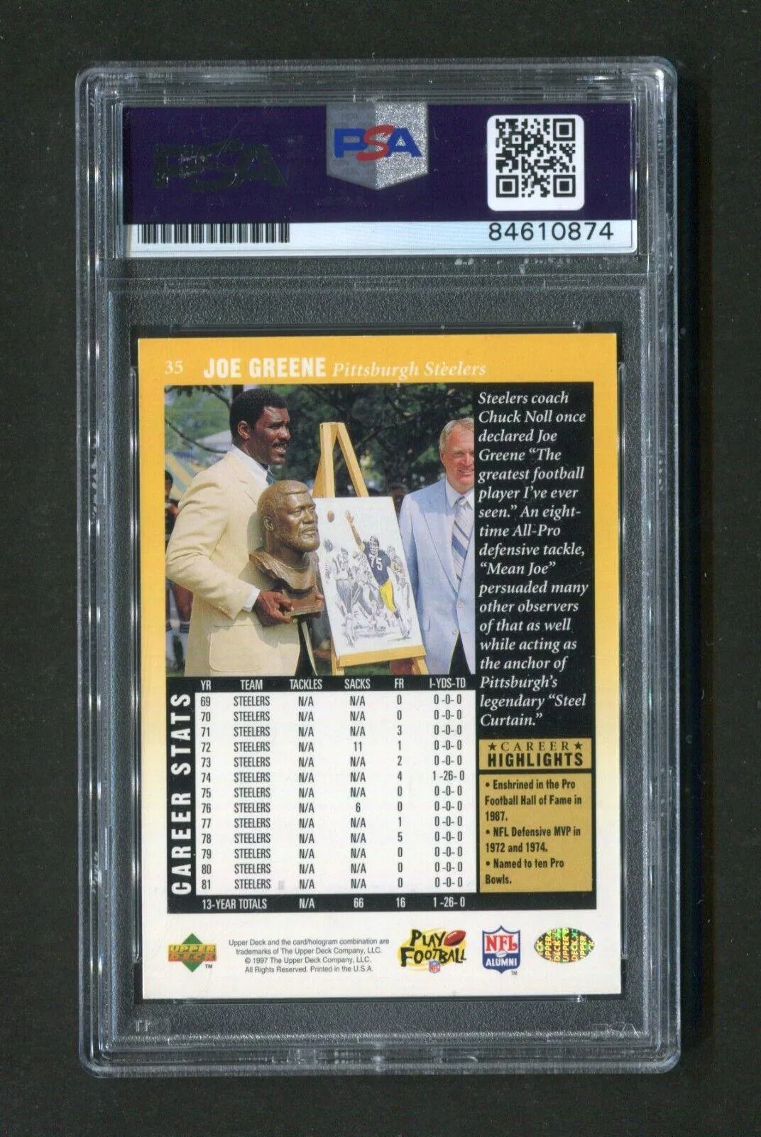 1997 Upper Deck Joe Greene #35 PSA/DNA Certified MINT 9 Signed Football Card