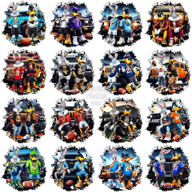 32 Cartoon BUGS Car Gangster Football Designs Bundle PNG