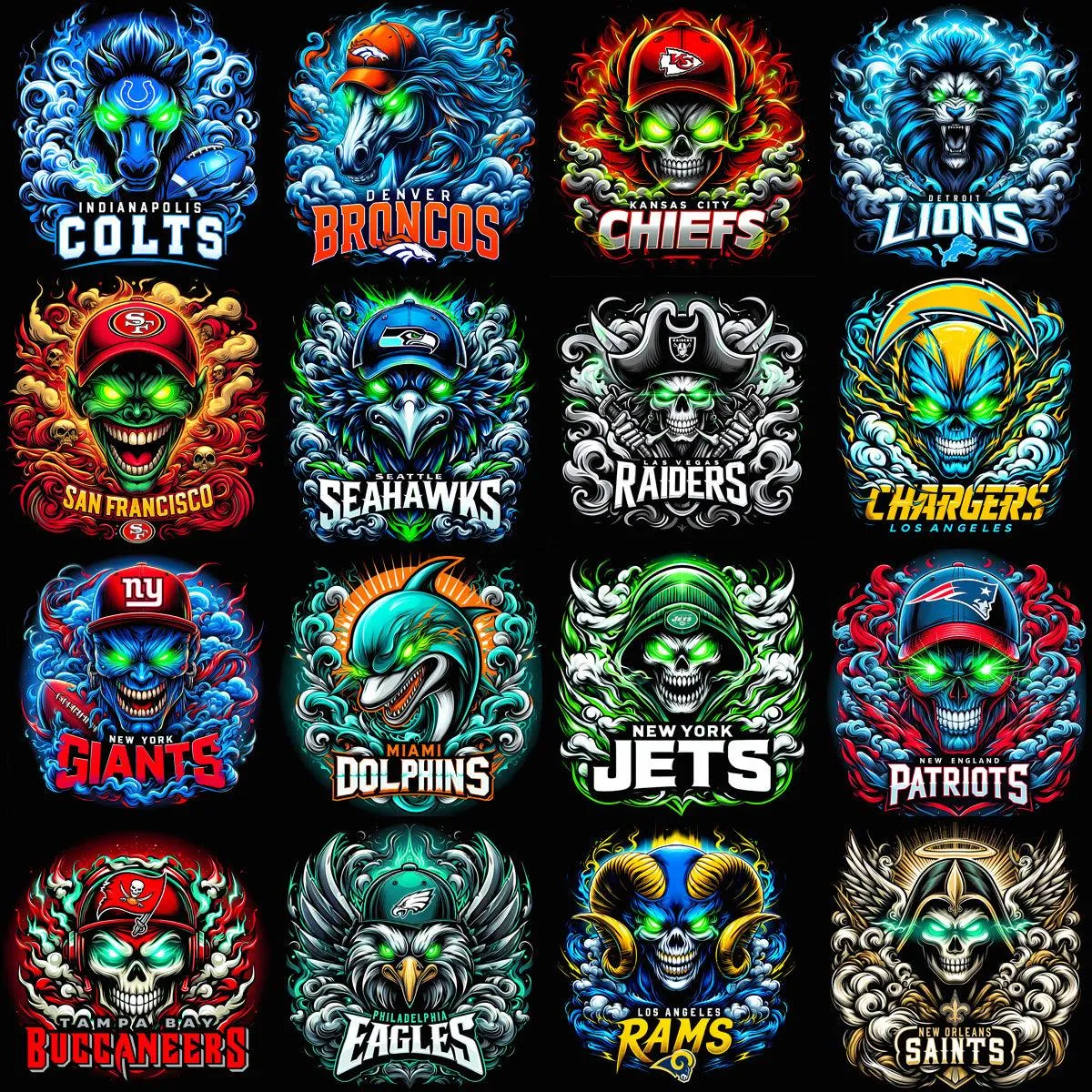 32 Football Teams Laser Eyes Smoke Mascots Designs Bundle PNG