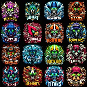 32 Football Teams Laser Eyes Smoke Mascots Designs Bundle PNG