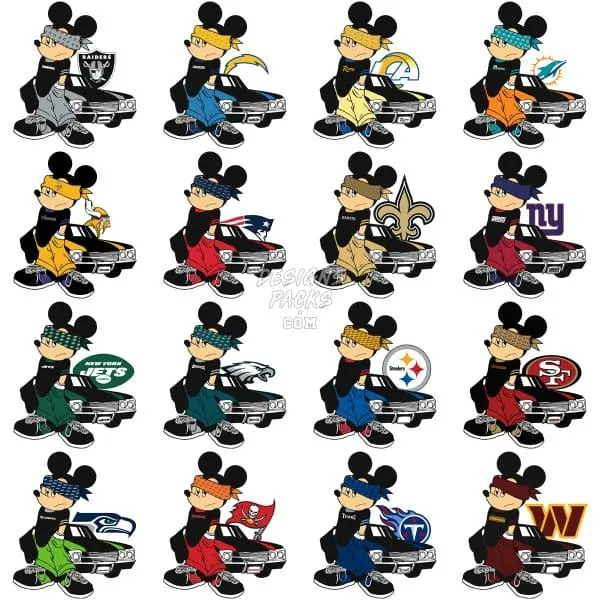 32 Gangster Mouse Cartoon Football Teams Designs Bundle PNG AI