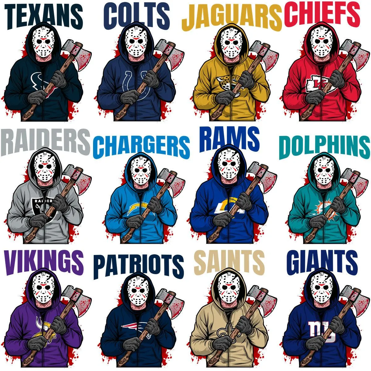 32 Movie Jason Voorhees Football Teams Designs Bundle PNG