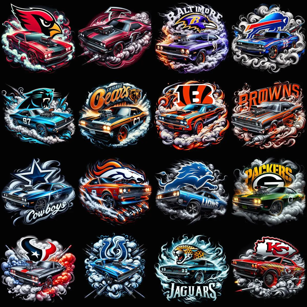 32 Muscle Car Smoke Football Teams Designs Bundle PNG