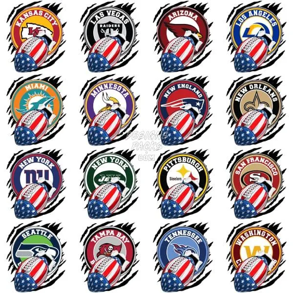 32 Patriotic USA 4th of July Football Teams Designs Bundle PNG