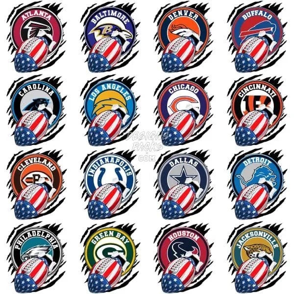 32 Patriotic USA 4th of July Football Teams Designs Bundle PNG