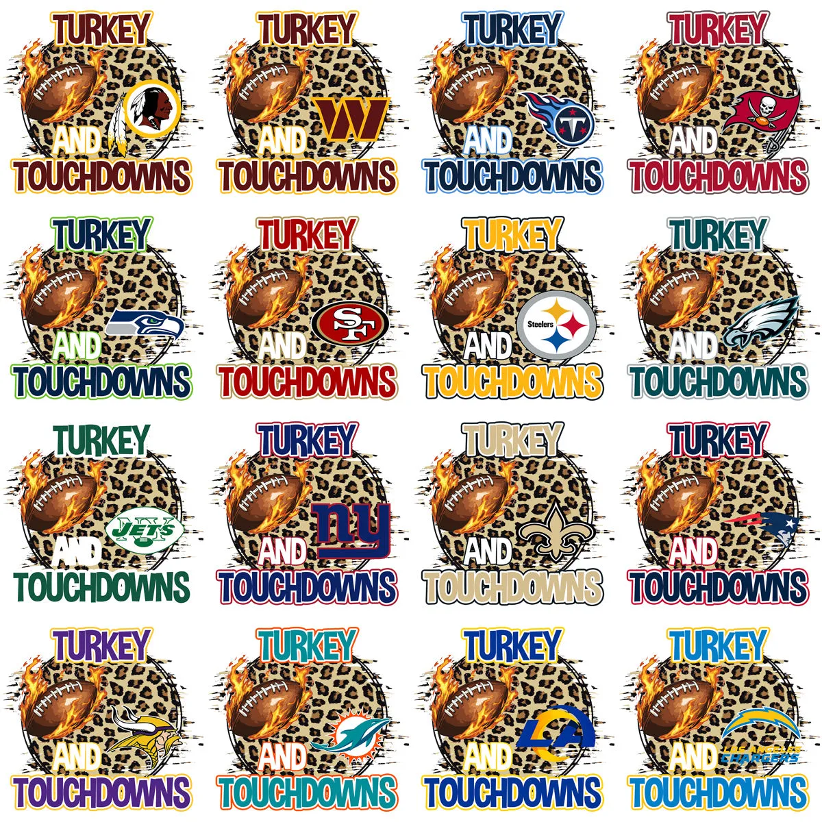 32 Thanksgiving Turkey Season Football Teams Designs Bundle PNG