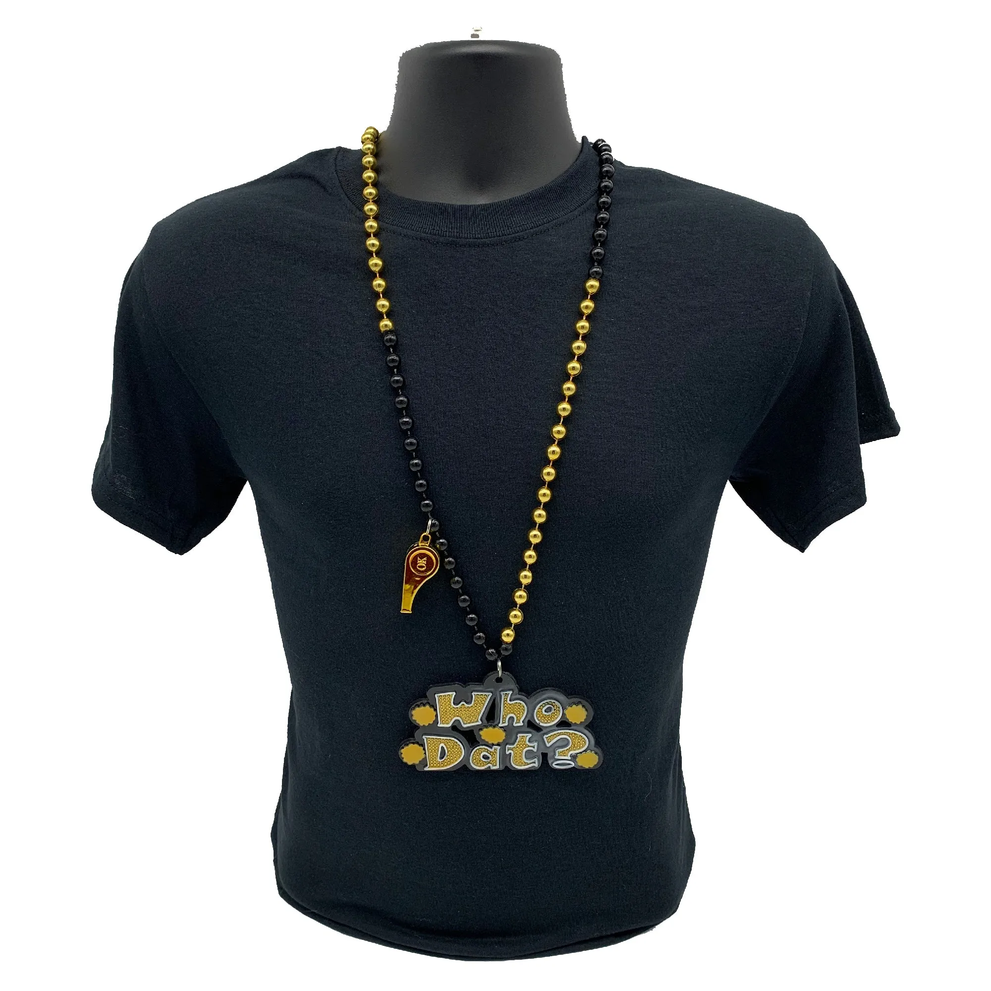 36" 10mm 4-Section Black and Gold Bead with Whistle and Who Dat Medallion (Each)