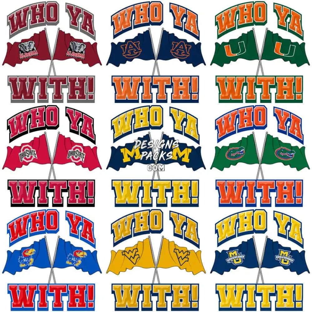 60 NCAA College WHO YA WITH Football Teams Designs Bundle PNG
