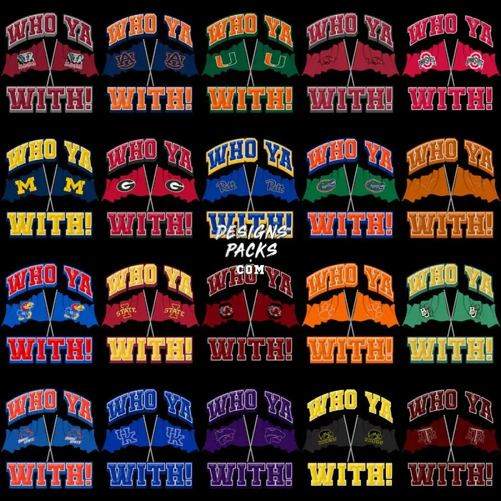 60 NCAA College WHO YA WITH Football Teams Designs Bundle PNG