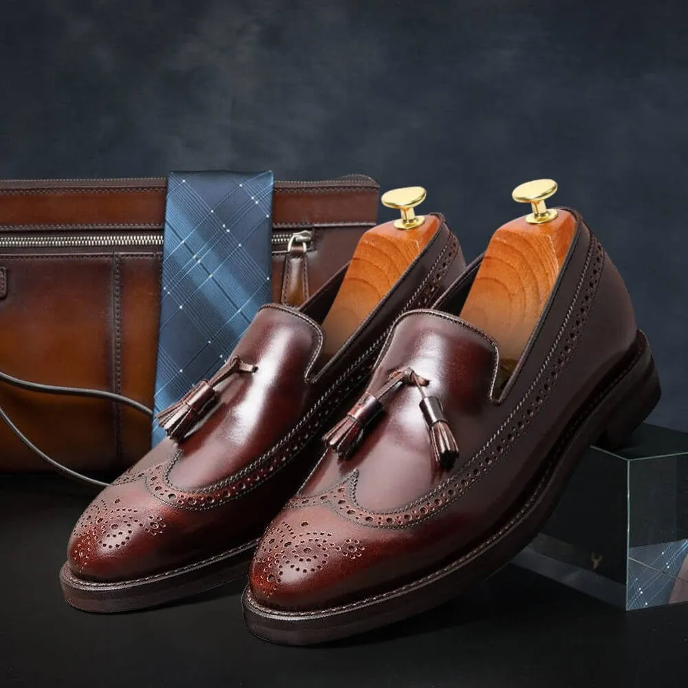 7CM / 2.76 Inches CMR CHAMARIPA Elevator Shoes For Men Business Taller Shoes Burnished Calfskin Longwing Brogue Tassel Loafers Red Wine