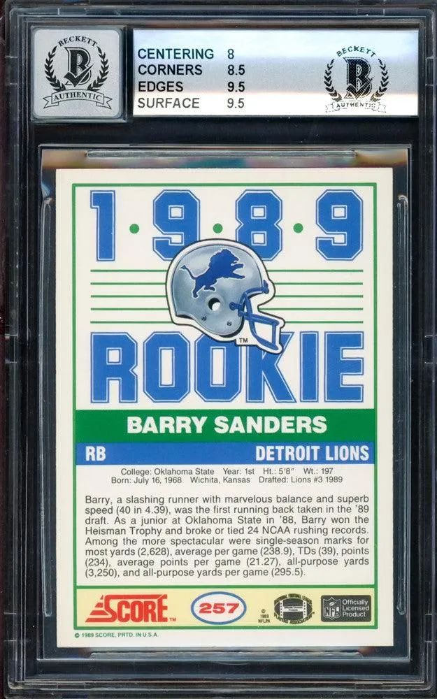 Barry Sanders Autographed 1989 Score Rookie Card #257 Detroit Lions BGS 8.5 Auto Grade Gem Mint 10 Beckett BAS Stock #209308