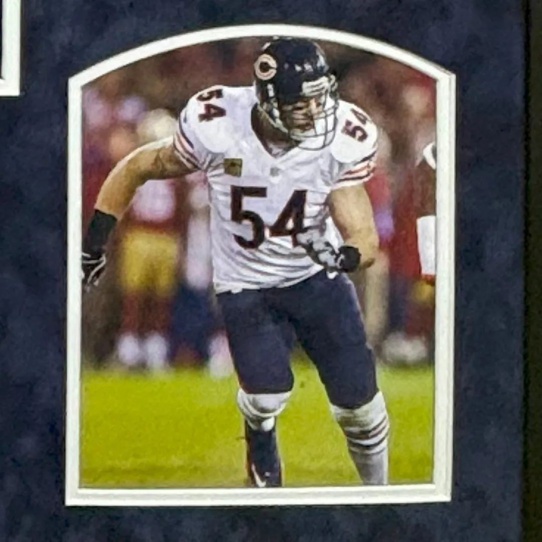 Brian Urlacher Signed HOF 18 Chicago Blue Custom Suede Framed Football Jersey (Beckett)