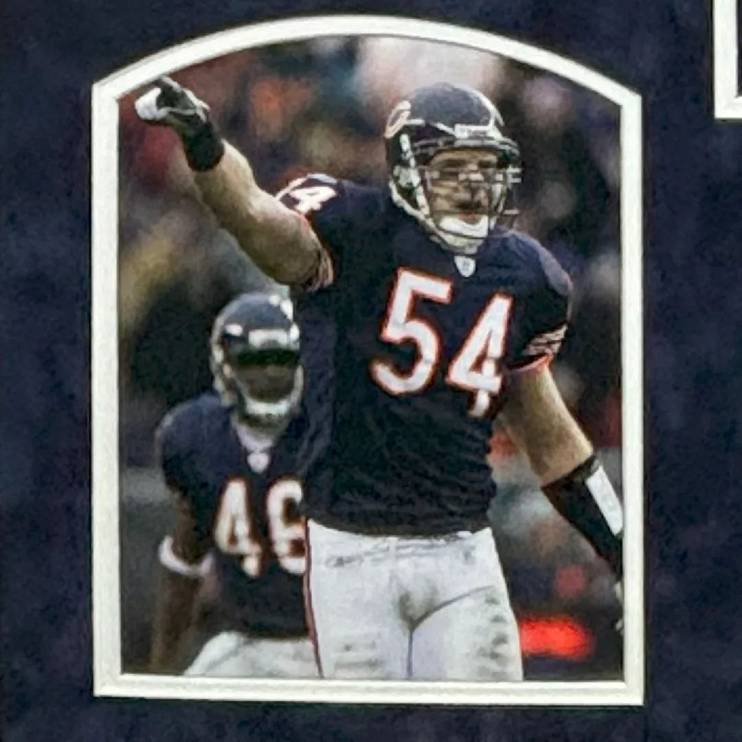Brian Urlacher Signed HOF 18 Chicago Blue Custom Suede Framed Football Jersey (Beckett)