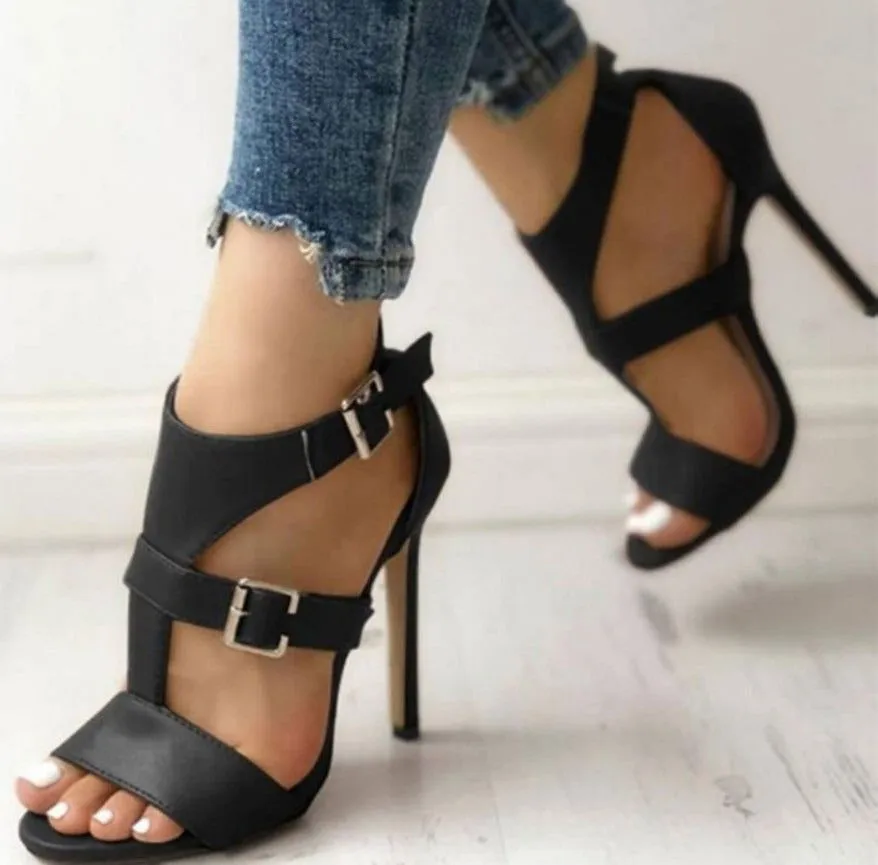 Buckle Strap Detail Super High Heels PU Leather Sandals