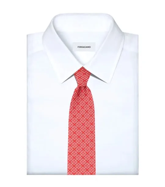 Check Gancini Print Silk Tie Red/Pink