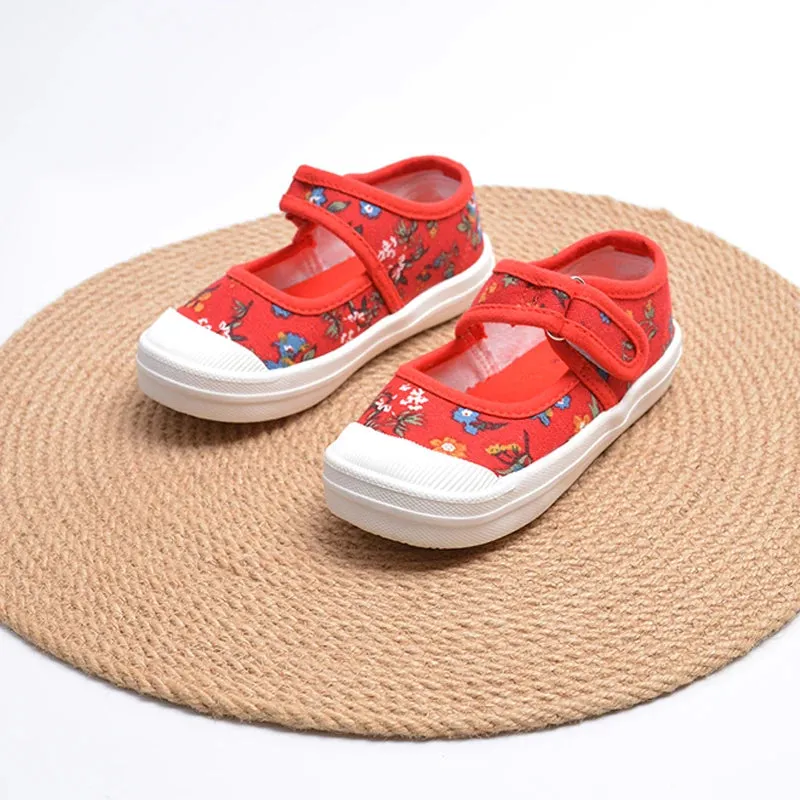 Children Summer Hard-wearing Squared Baby Shoes Girls Lovely Jogging Fashion Print Red Canvas ED7039