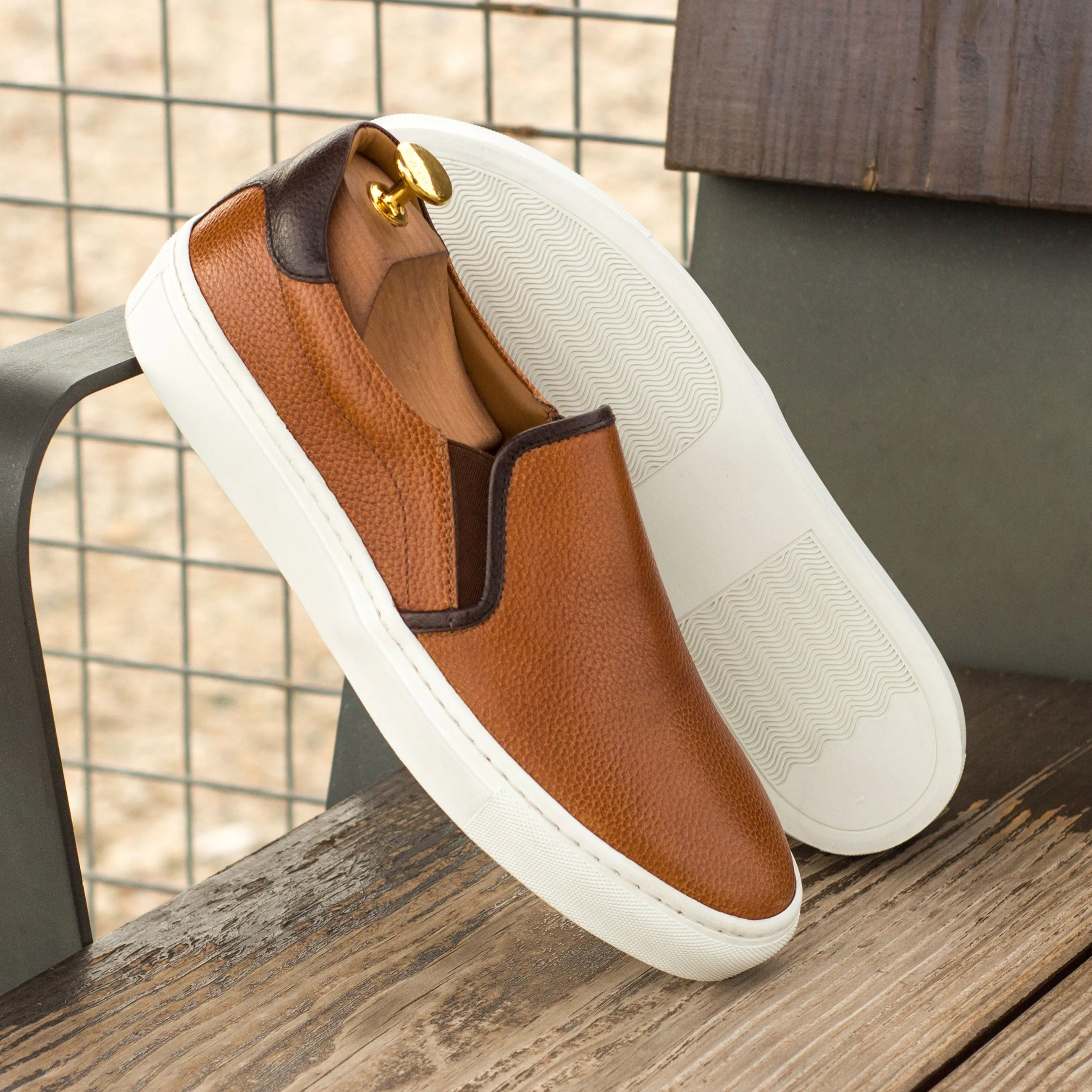 Cognac Full-Grain Leather Slip-On Sneakers