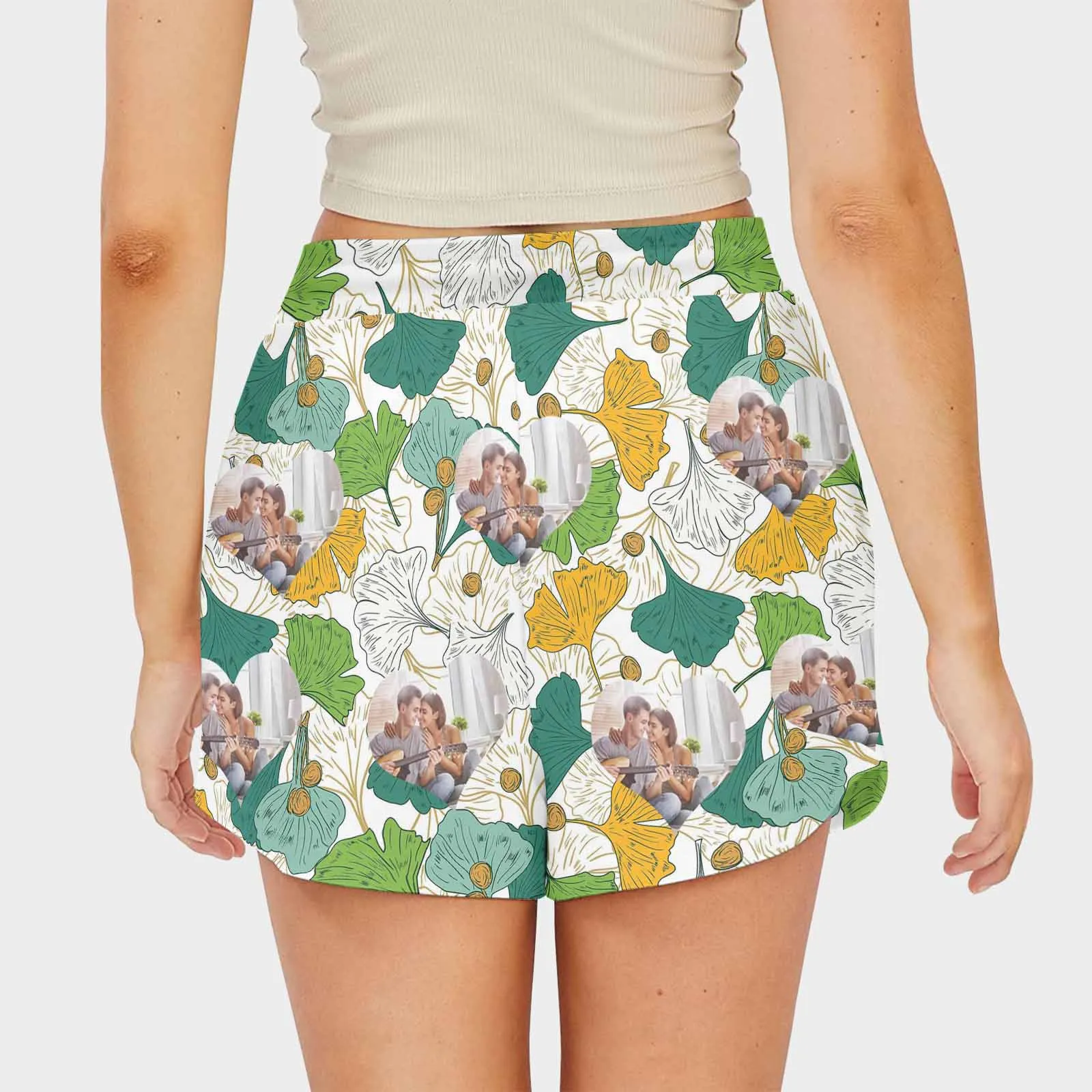 Custom Text&Photo Love Leaves Mid-Length Board Shorts Swim Trunks for Her Design Your Own Shorts
