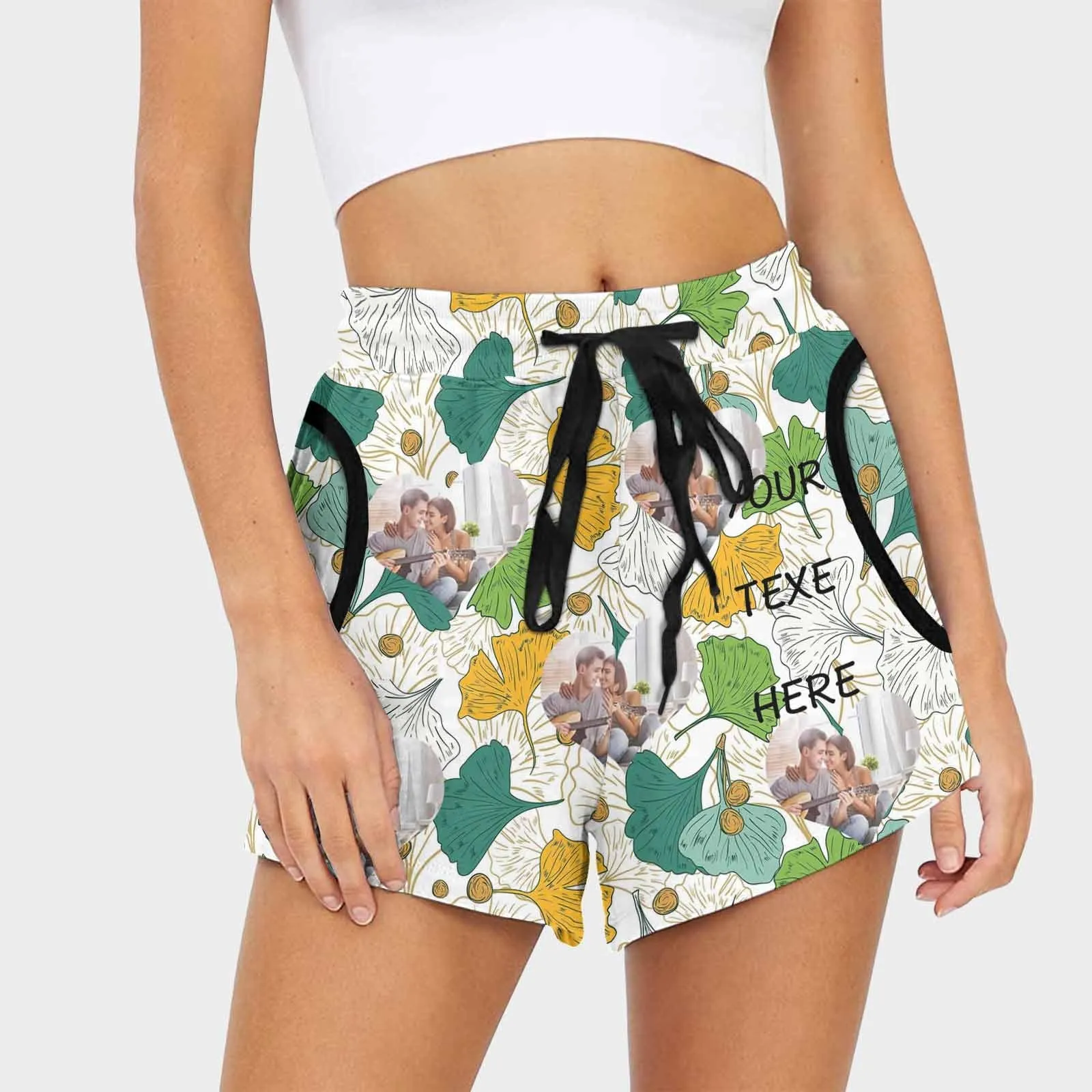 Custom Text&Photo Love Leaves Mid-Length Board Shorts Swim Trunks for Her Design Your Own Shorts