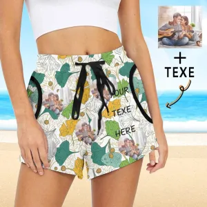 Custom Text&Photo Love Leaves Mid-Length Board Shorts Swim Trunks for Her Design Your Own Shorts