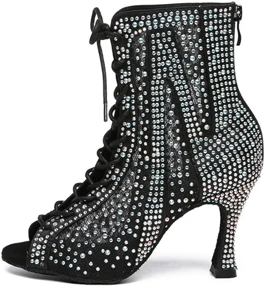 Dance Boots Black Rhinestone Dancing Shoes for Heels Salsa Bachata