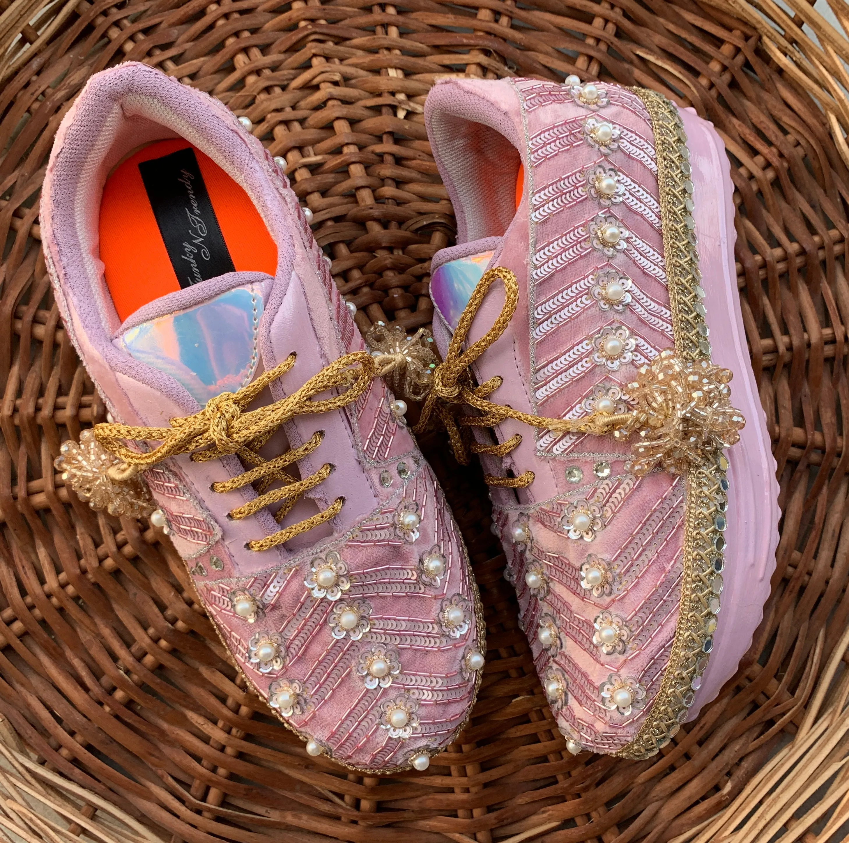 FUNKY N TRENDY light pink hand work sneakers for brides / bridesmaids/embroidered shoes/ embroidered sneakers / pink shoes/ pink sneakers/lavender shoes