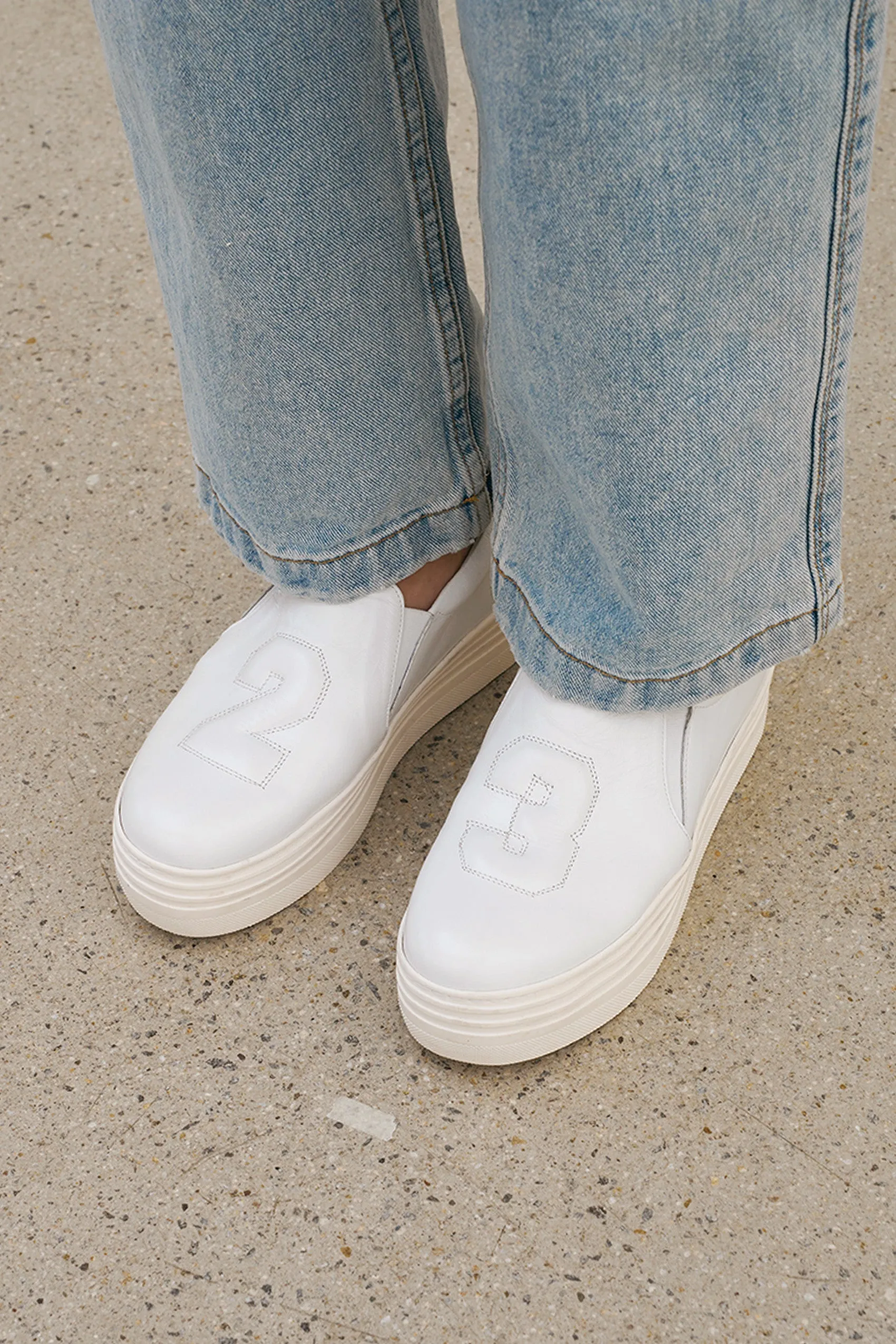 Handmade "23" Leather Platform Sneakers, White