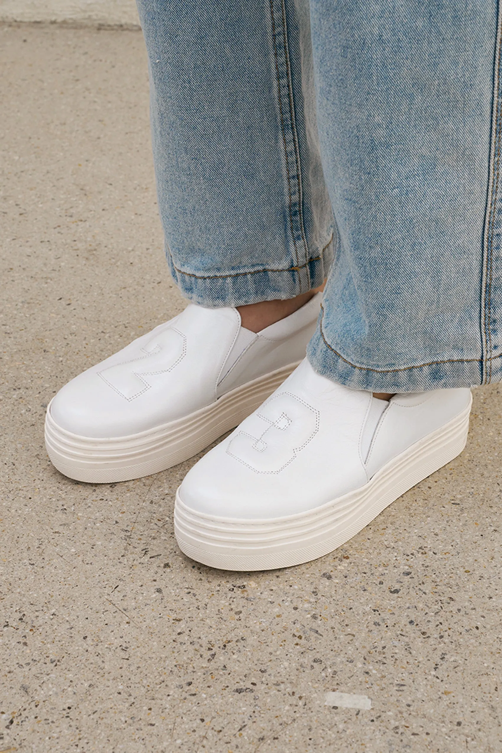 Handmade "23" Leather Platform Sneakers, White