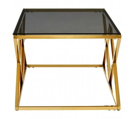 Inverted Prism Base Gold Coffee Table with Black Tempered Glass Top