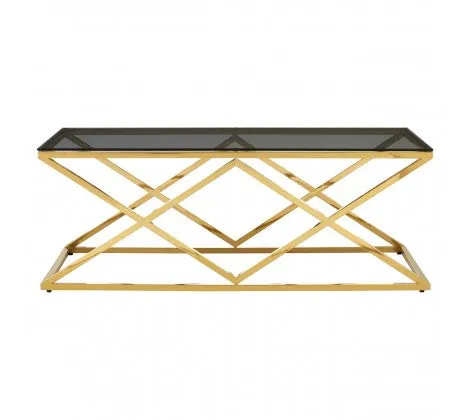 Inverted Prism Base Gold Coffee Table with Black Tempered Glass Top