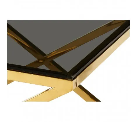 Inverted Prism Base Gold Coffee Table with Black Tempered Glass Top
