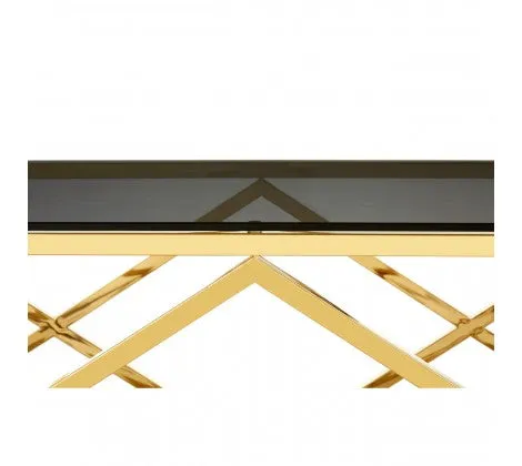 Inverted Prism Base Gold Coffee Table with Black Tempered Glass Top