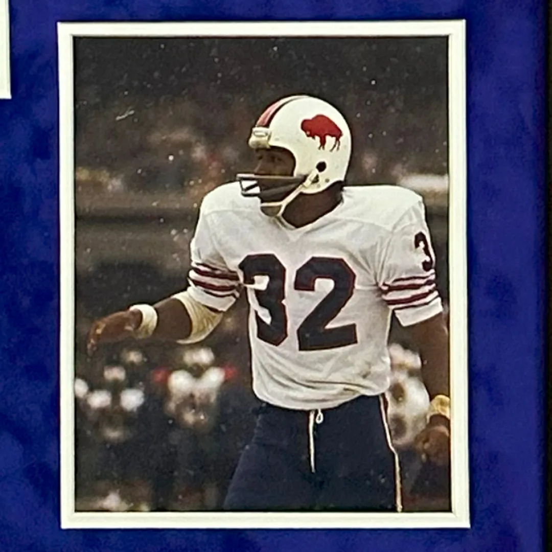 OJ Simpson Signed HOF 85 Buffalo Blue Custom Suede Framed football Jersey (JSA)