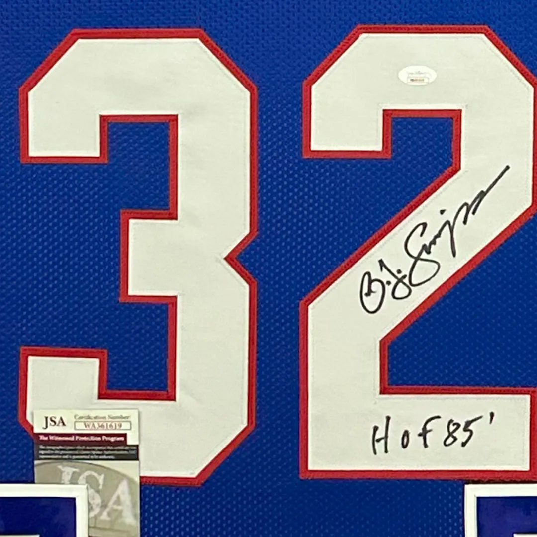 OJ Simpson Signed HOF 85 Buffalo Blue Custom Suede Framed football Jersey (JSA)