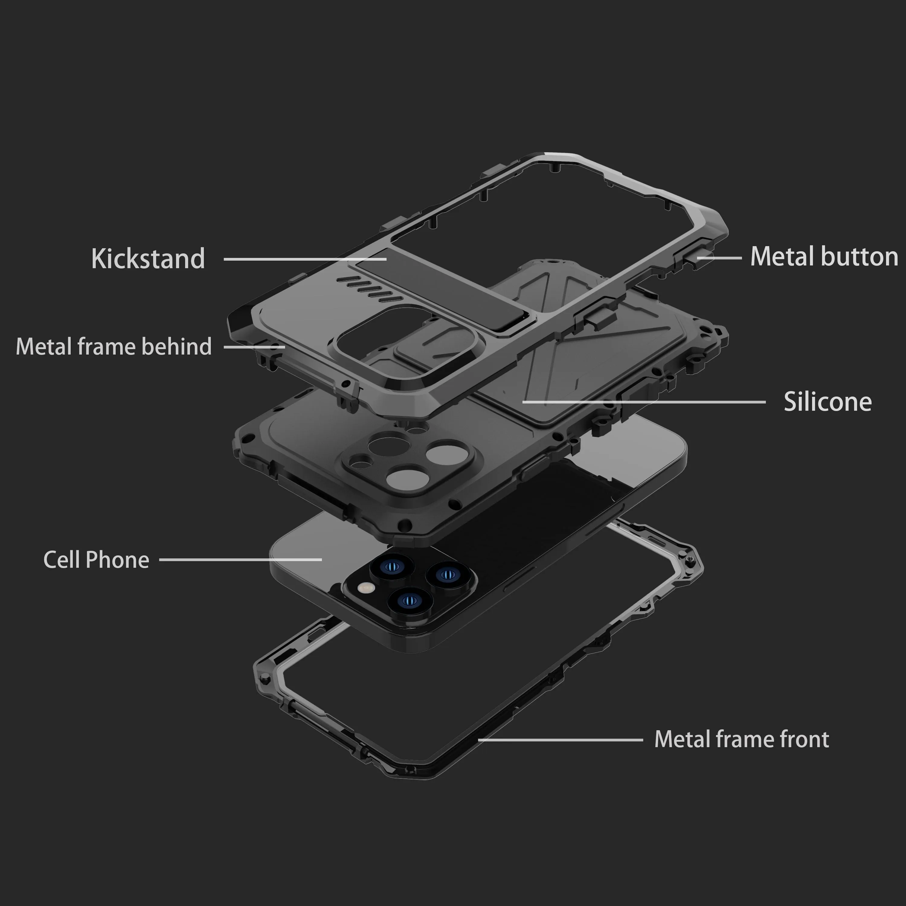 R-Just Kickstand Military-Grade Shockproof Heavy Duty Metal Snap Case Cover