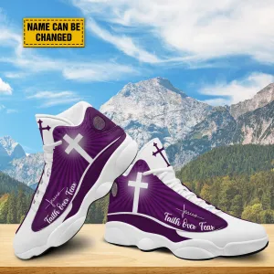 Teesdily | Customized Jesus Faith Over Fear Basketball Shoes, Jesus Purple Design, Jesus Lovers Gift, Christian Unisex Shoes