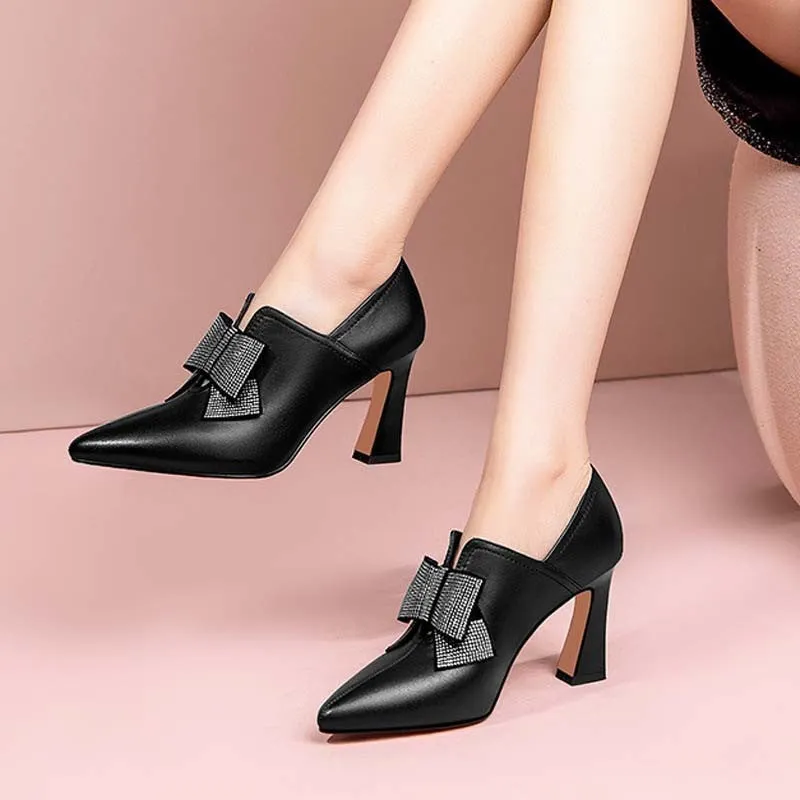 Women’s Elegant High Heel Shoes with Rhinestone Bow and Pointed Toe
