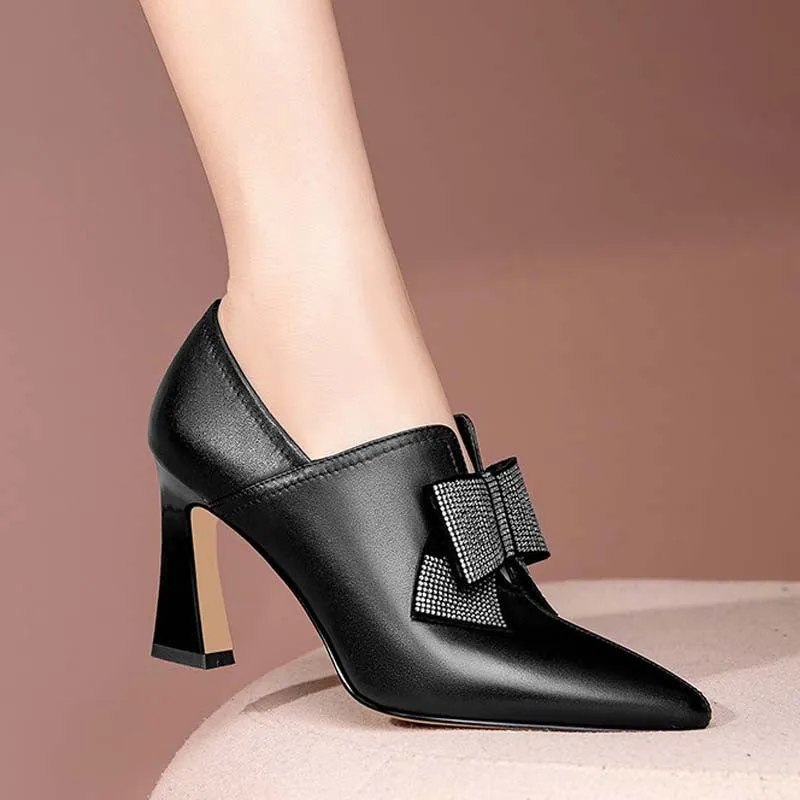 Women’s Elegant High Heel Shoes with Rhinestone Bow and Pointed Toe