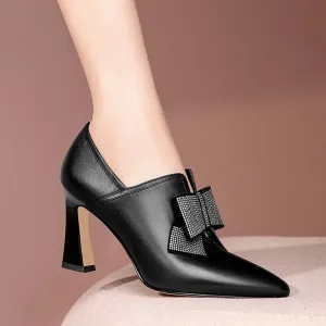 Women’s Elegant High Heel Shoes with Rhinestone Bow and Pointed Toe