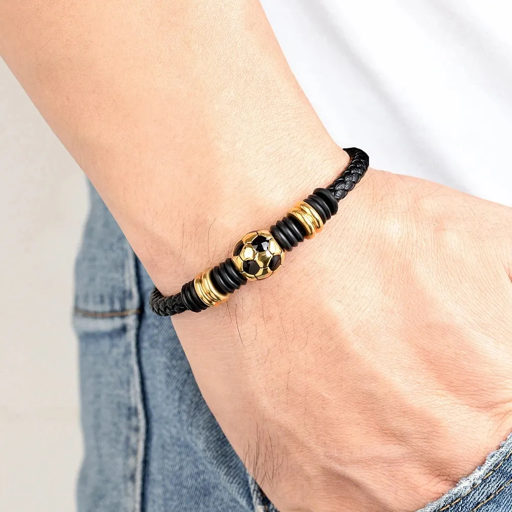 XQNI Men Leather Bracelet Simple Black Stainless Steel Button Football Ball Accessories Hand-woven Men Charm Jewelry Gifts