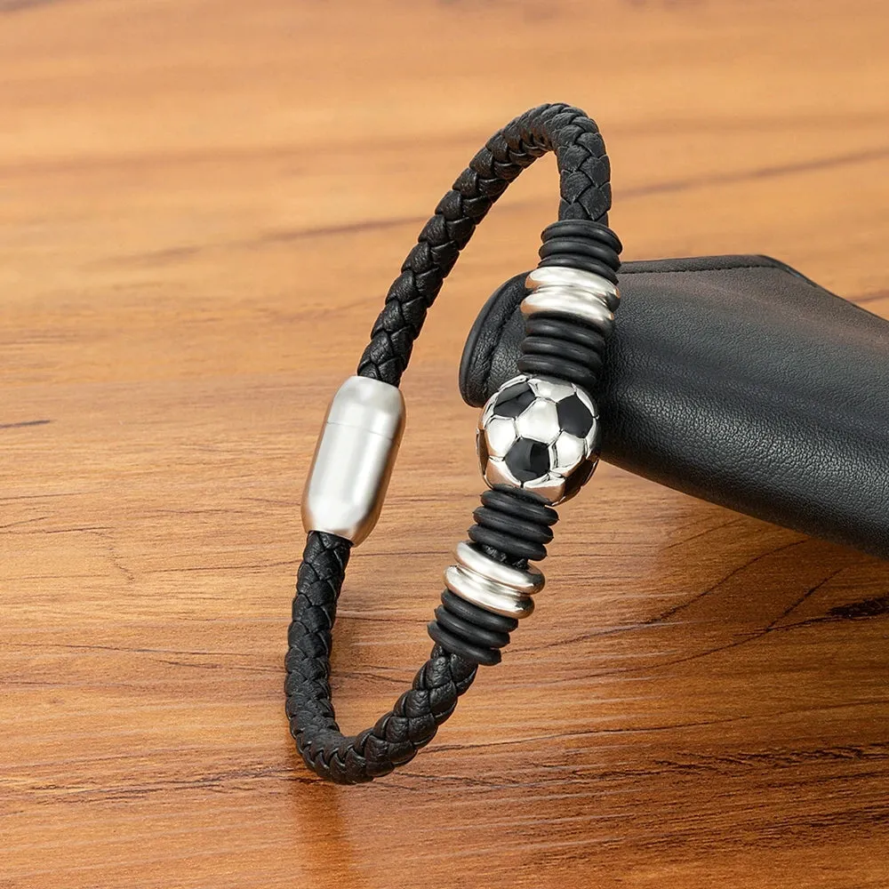 XQNI Men Leather Bracelet Simple Black Stainless Steel Button Football Ball Accessories Hand-woven Men Charm Jewelry Gifts