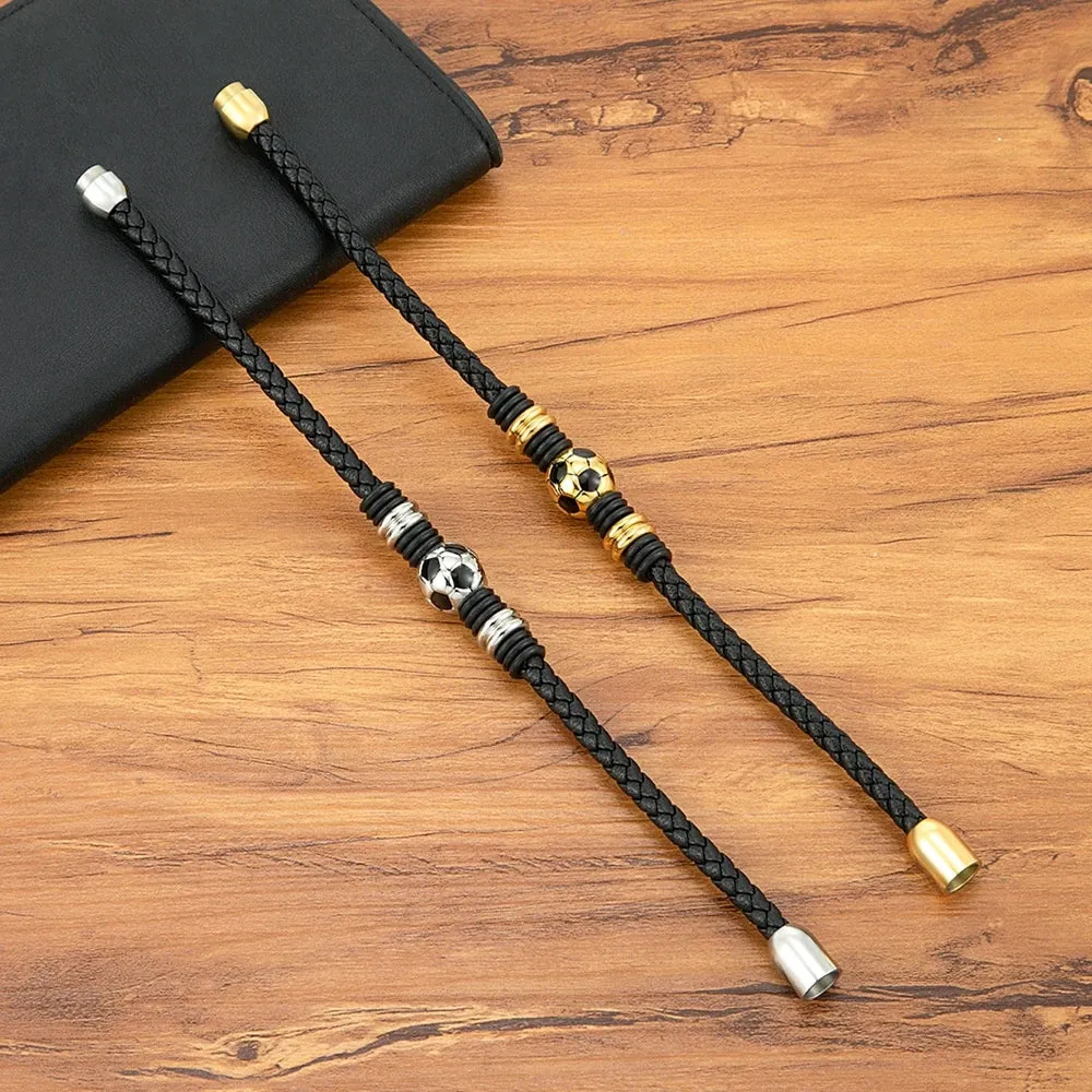 XQNI Men Leather Bracelet Simple Black Stainless Steel Button Football Ball Accessories Hand-woven Men Charm Jewelry Gifts