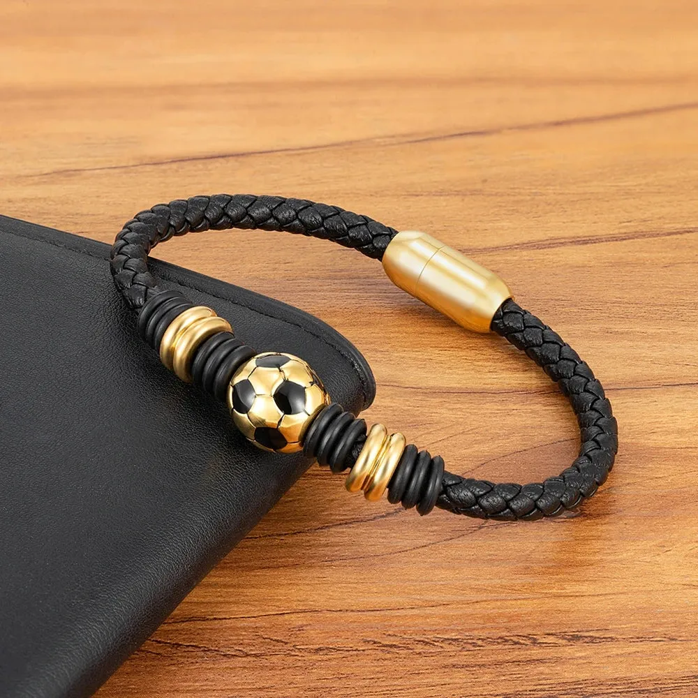 XQNI Men Leather Bracelet Simple Black Stainless Steel Button Football Ball Accessories Hand-woven Men Charm Jewelry Gifts