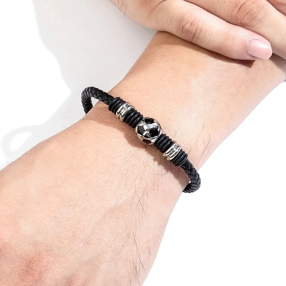 XQNI Men Leather Bracelet Simple Black Stainless Steel Button Football Ball Accessories Hand-woven Men Charm Jewelry Gifts