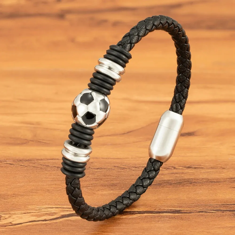 XQNI Men Leather Bracelet Simple Black Stainless Steel Button Football Ball Accessories Hand-woven Men Charm Jewelry Gifts